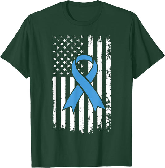 Prostate Cancer Awareness USA Flag Light Blue Ribbon T-Shirt - T-Shirt | Forest