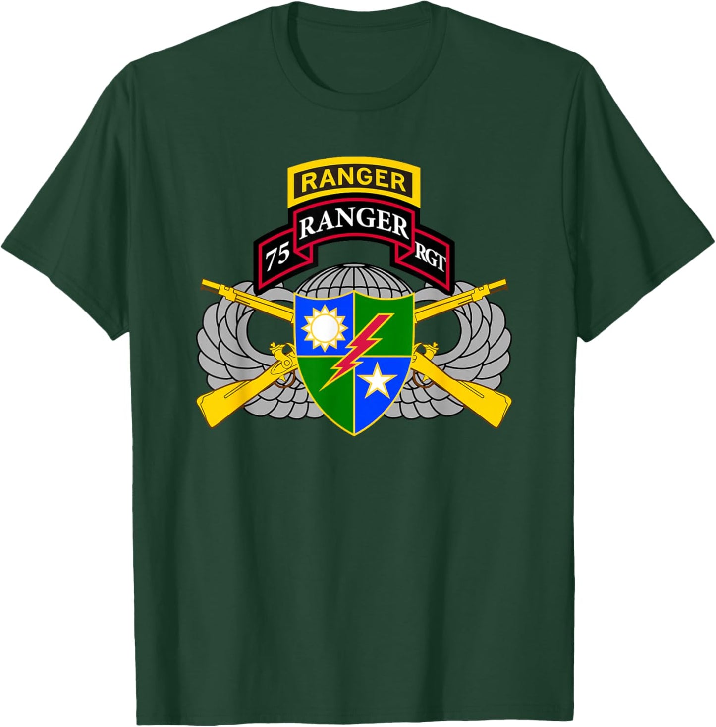 US Army Ranger - 75th Scroll, Tab, Airborne Wings, Rifles T-Shirt - T-Shirt | Forest