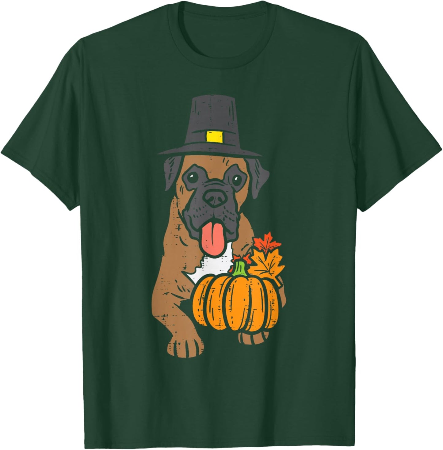 Pilgrim Boxer Pumpkin Leaves Thanksgiving Fall Halloween Dog T-Shirt - T-Shirt | Forest