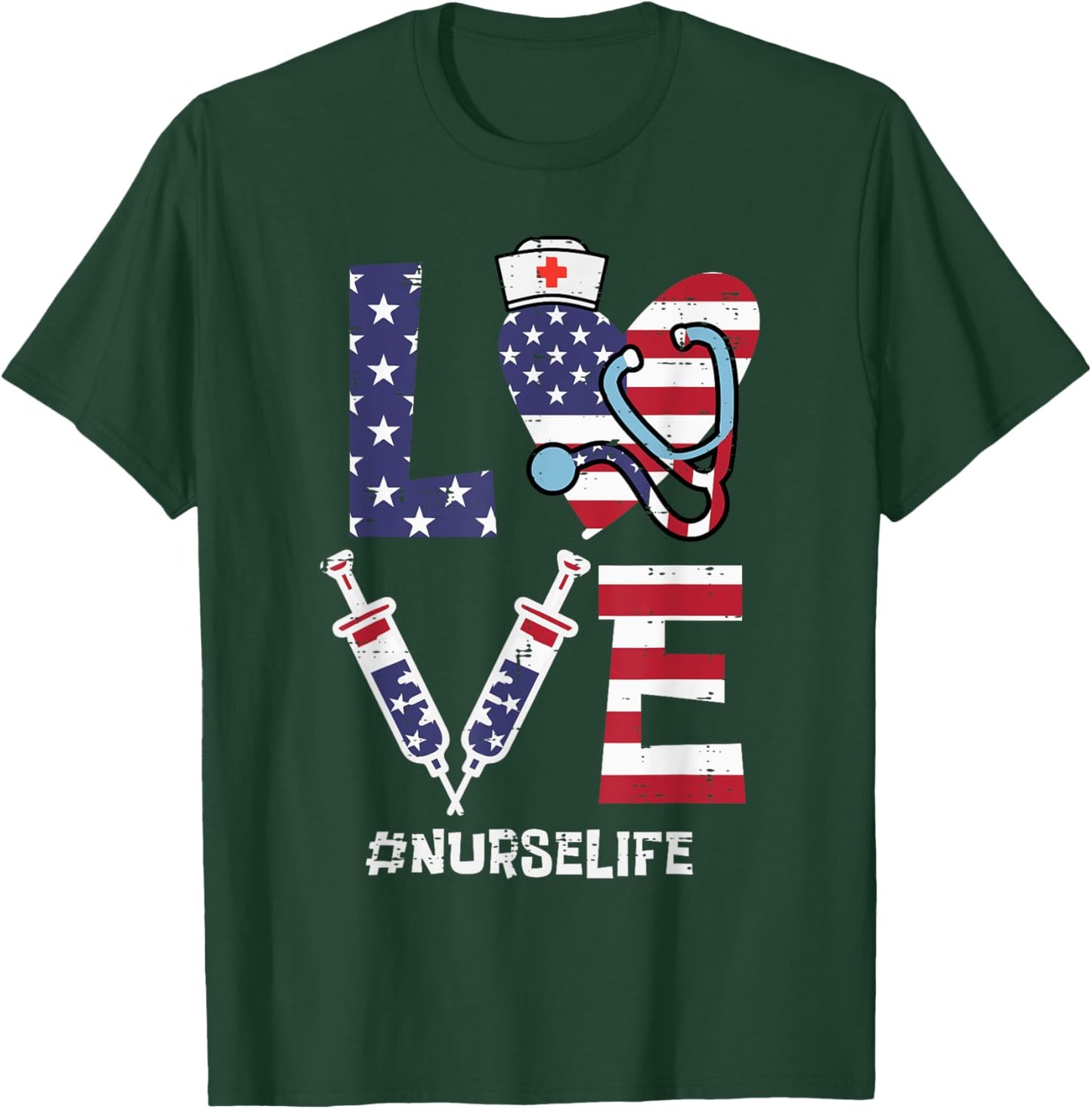 Love Stethoscope Nurse Fourth 4th Of July Nursing Patriot T-Shirt - T-Shirt | Forest