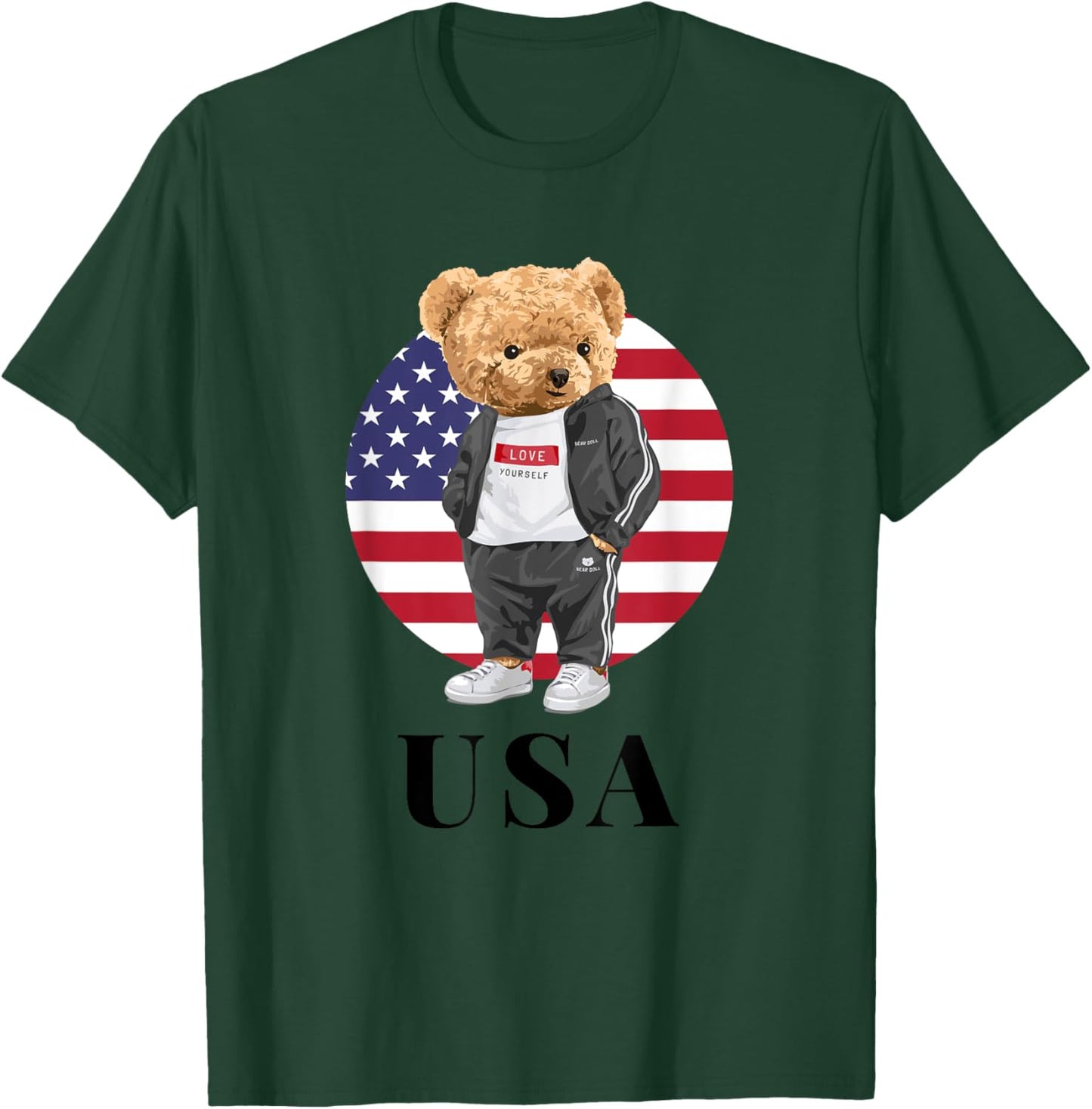 Love Yourself, Cool Illustration Teddy Bear With USA Flag T-Shirt - T-Shirt | Forest