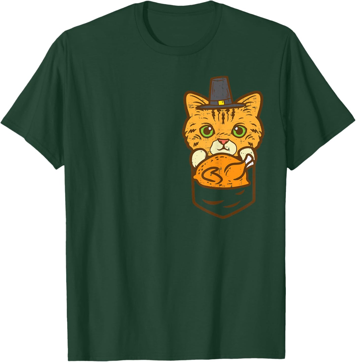 Pocket Pilgrim Cat Turkey Cute Thanksgiving Men Women Kids T-Shirt - T-Shirt | Forest