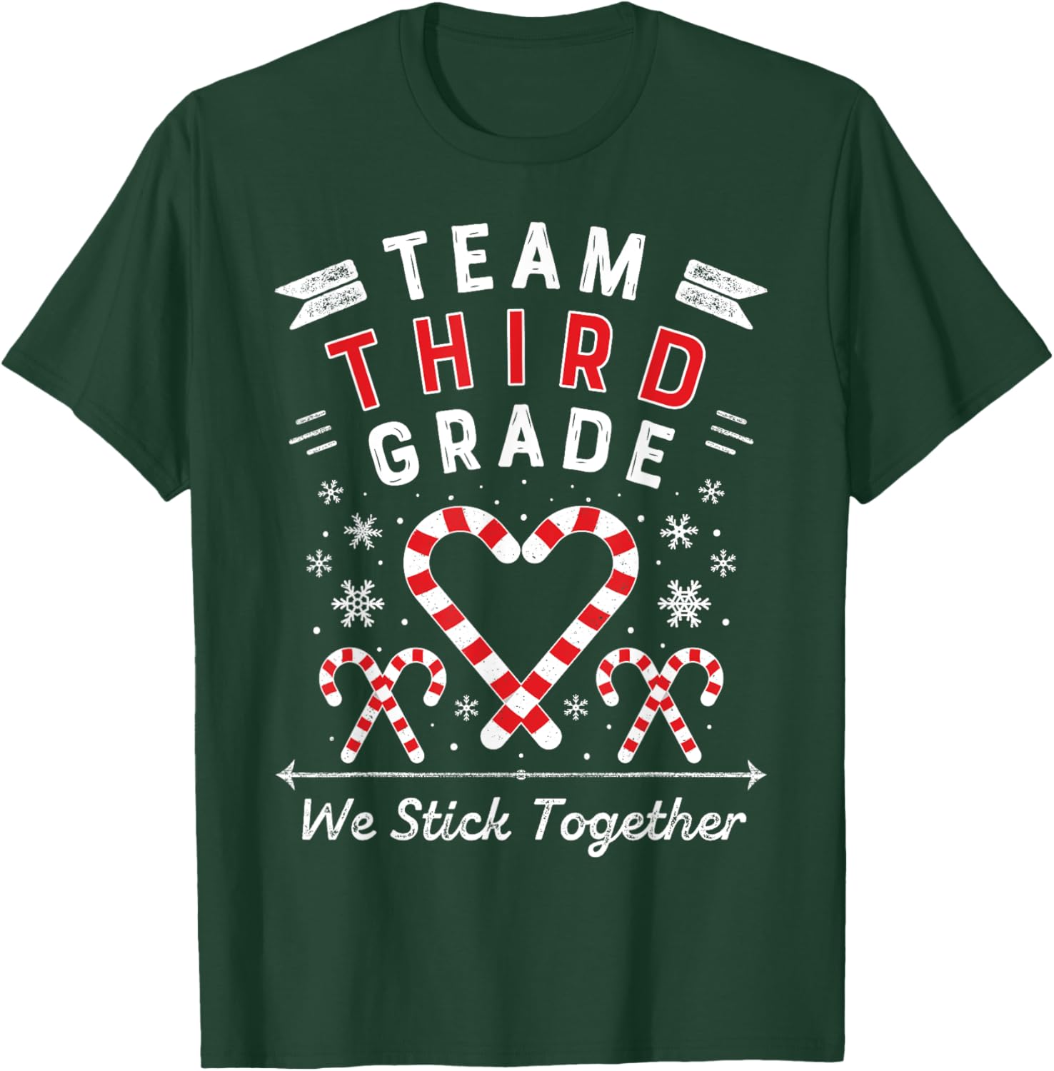 Team Third Grade Christmas Candy Cane Heart Xmas 3rd Teacher Women Kids T-Shirt - T-Shirt | Forest