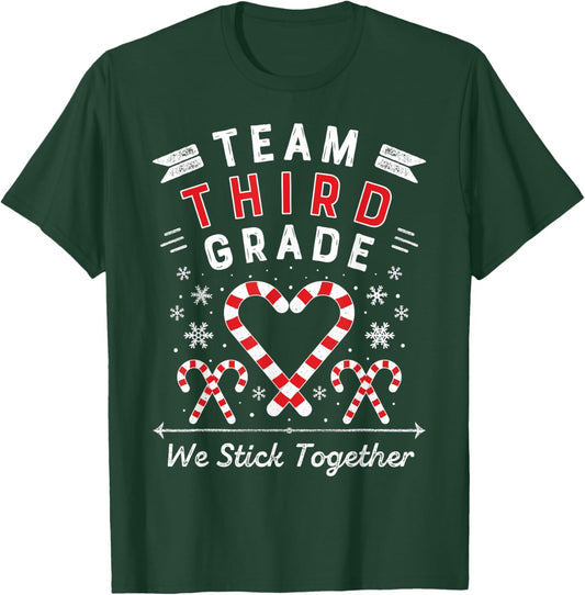 Team Third Grade Christmas Candy Cane Heart Xmas 3rd Teacher Women Kids T-Shirt - T-Shirt | Forest