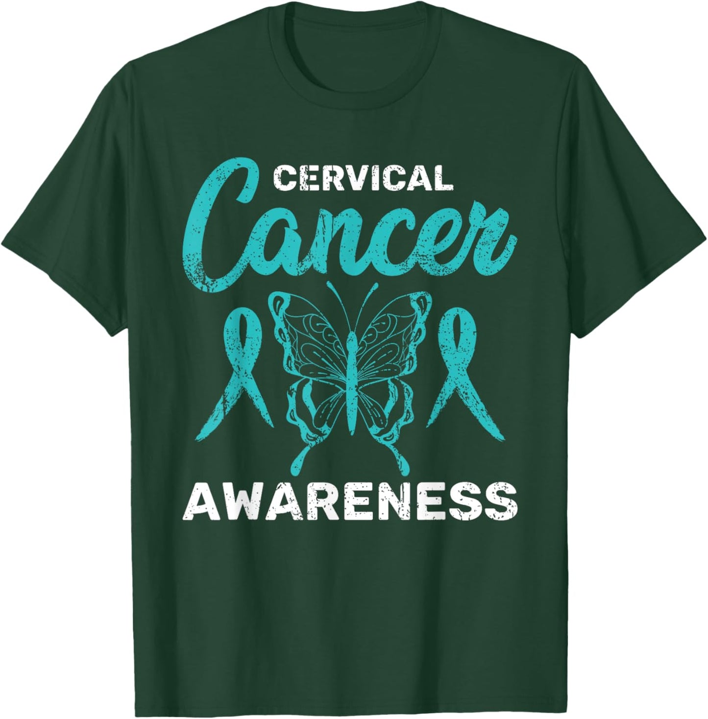 Teal Ribbon Butterfly Cancer Survivor Cervical Cancer T-Shirt - T-Shirt | Forest