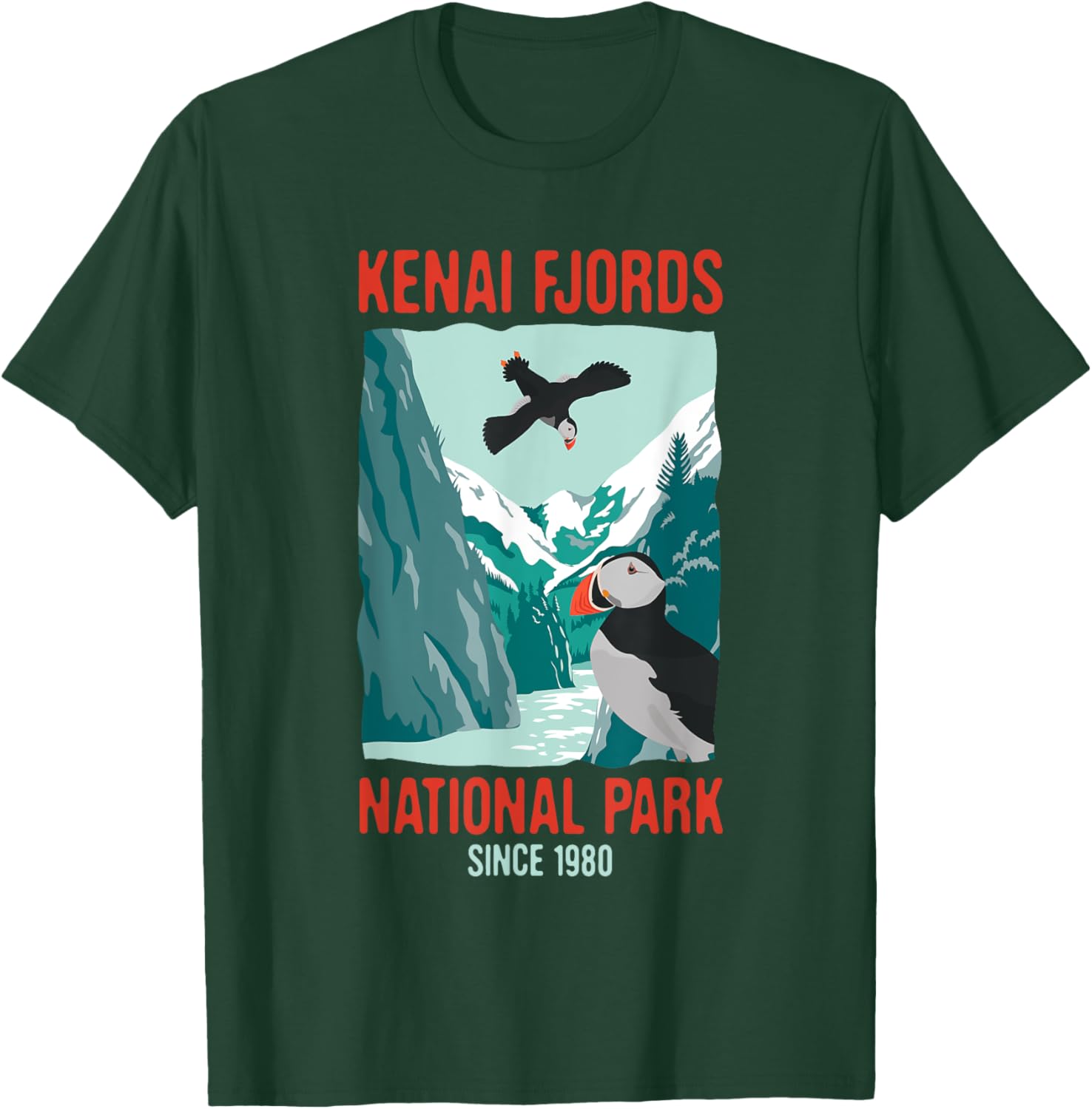 Kenai Fjords US National Park Puffin Bird Alaska Gift T-Shirt - T-Shirt | Forest