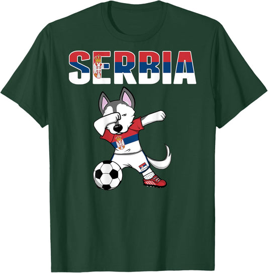 Dabbing Husky Dog Serbia Soccer Fans Jersey Serbian Football Men Women Kids T-Shirt - T-Shirt | Forest