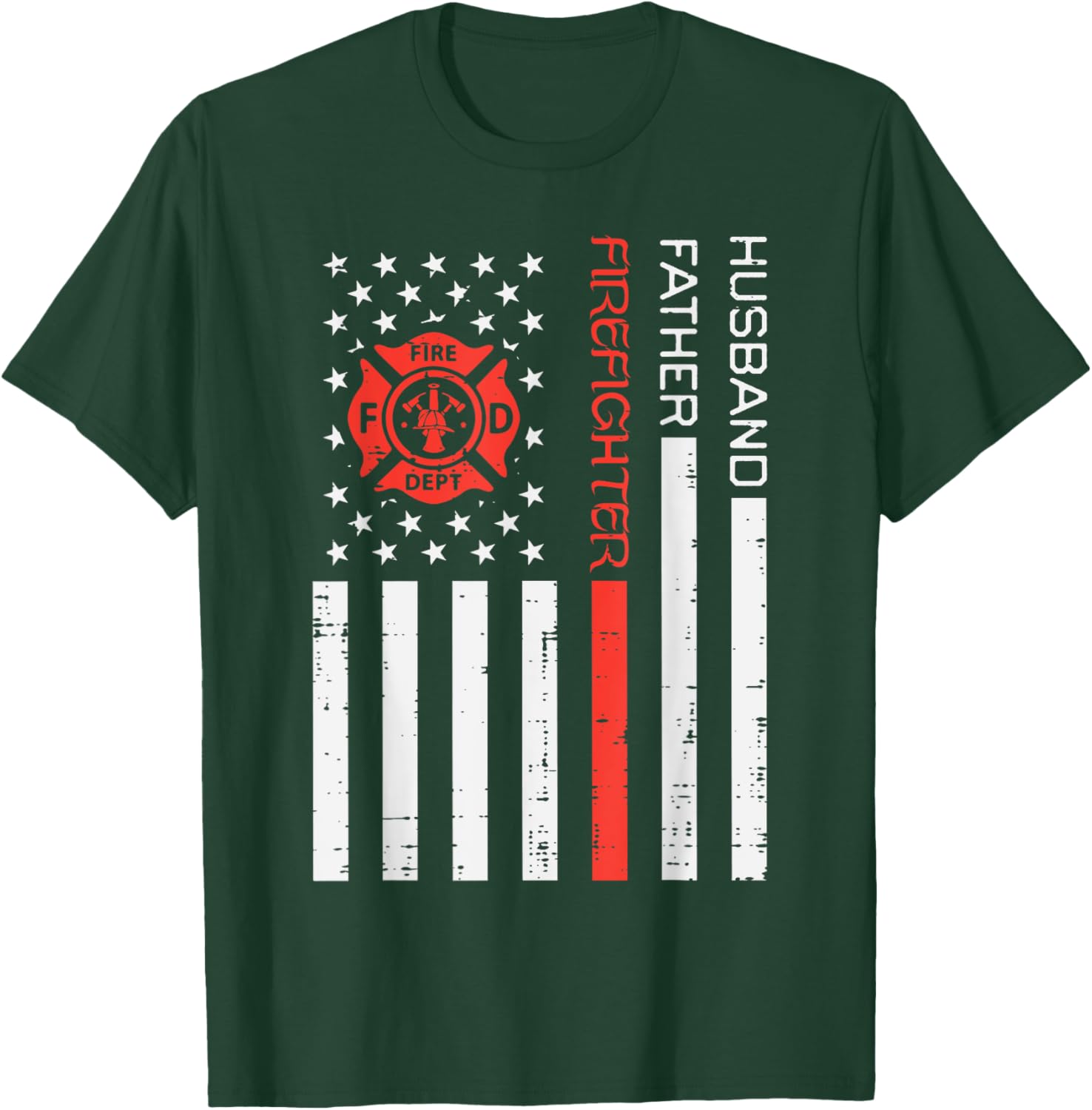 Husband Father Firefighter US Flag Red Line Fathers Day Men T-Shirt - T-Shirt | Forest