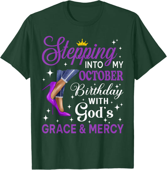 Stepping Into My October Birthday Afro Woman Purple Heels T-Shirt - T-Shirt | Forest