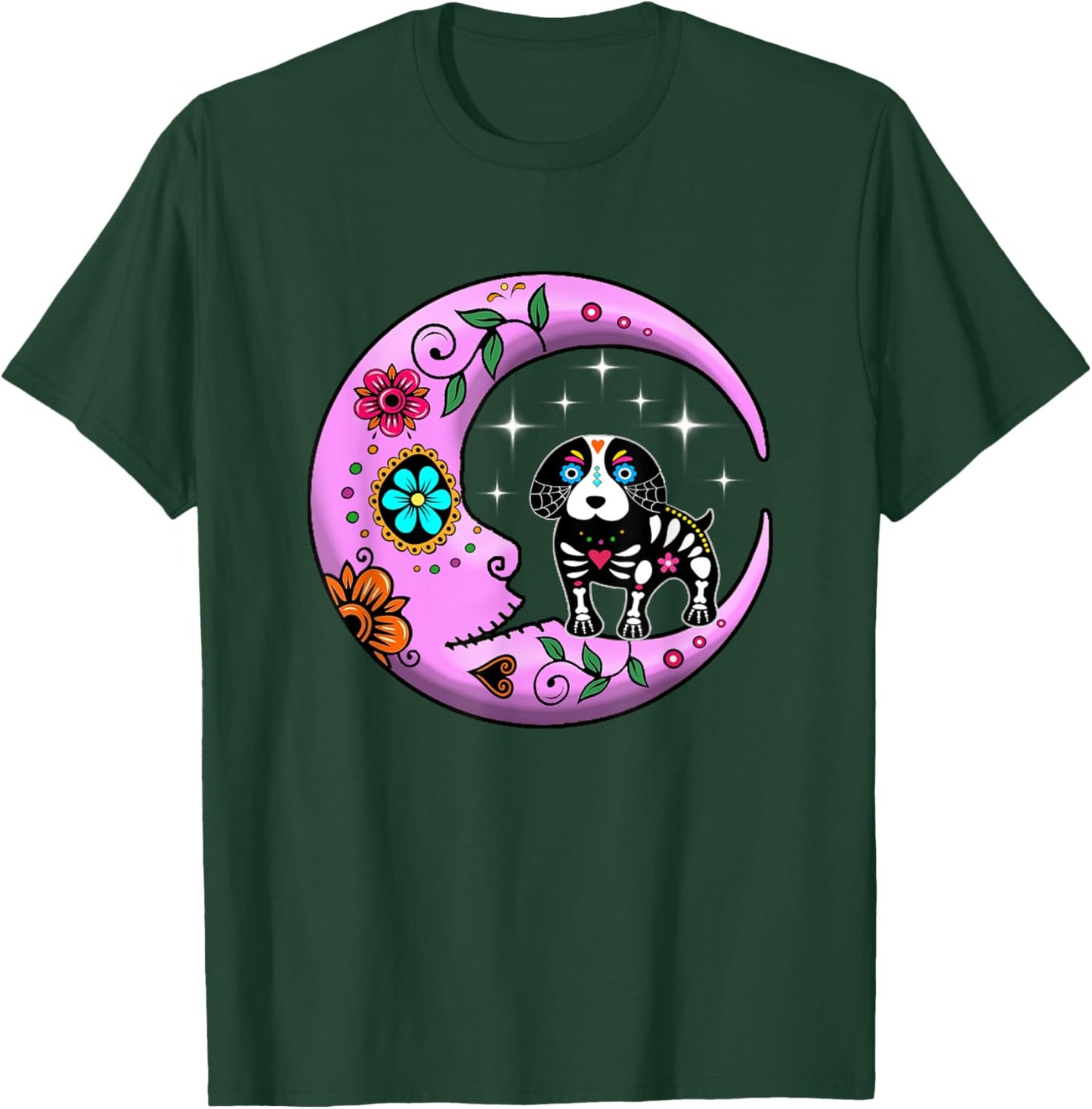 Dog & Moon Sugar Skull Dia de Los Muertos Funny Day Of Dead T-Shirt - T-Shirt | Forest