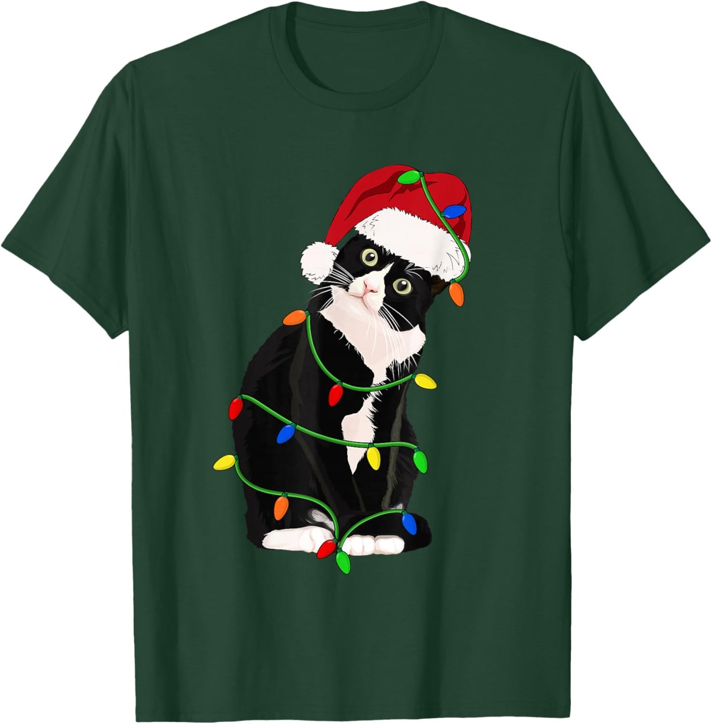 Tuxedo Cat Meow Santa Tuxie Christmas Tree Lights Cat Catmas T-Shirt - T-Shirt | Forest
