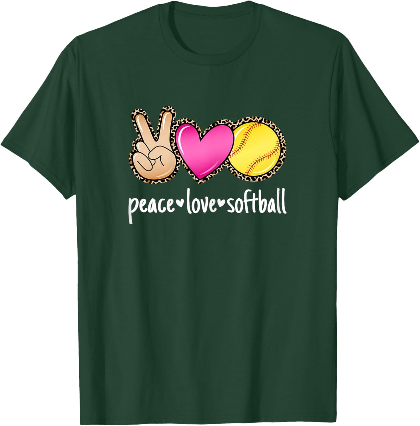 Peace Love Softball Leopard Print Women Girls Cute Softball T-Shirt - T-Shirt | Forest