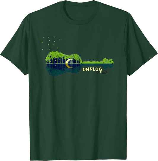 "Unplug" Acoustic Guitar Forest Outdpor Camping Apparel T-Shirt - T-Shirt | Forest