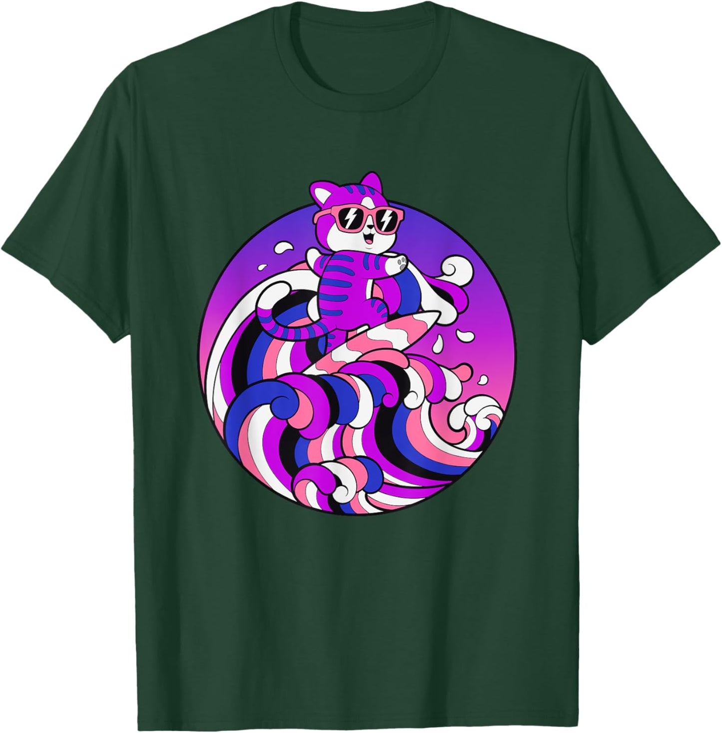 Funny Genderfluid Shirt Surfing Cat Gender Fluid Pride Flag Women T-Shirt - T-Shirt | Forest