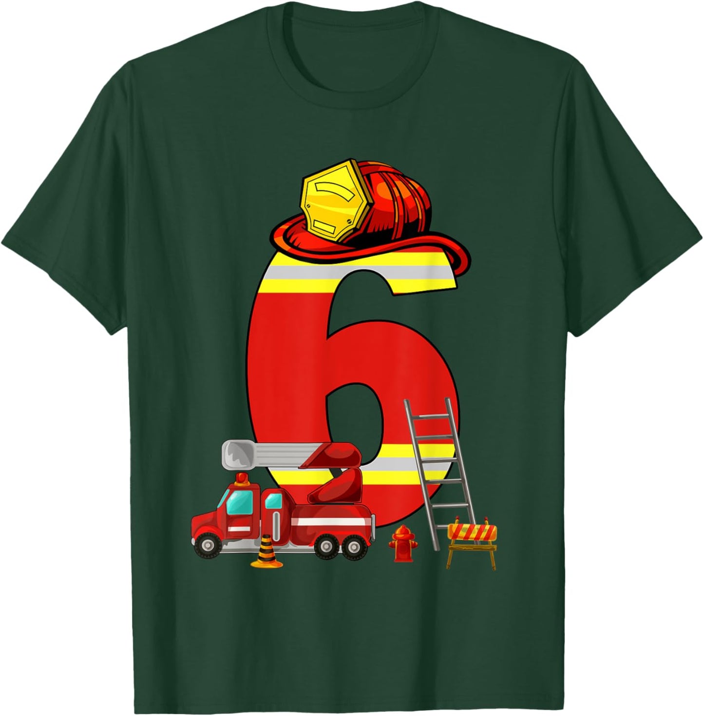 Fire Truck 6th Birthday Boy 6 Year Old Toddler Firefighter T-Shirt - T-Shirt | Forest