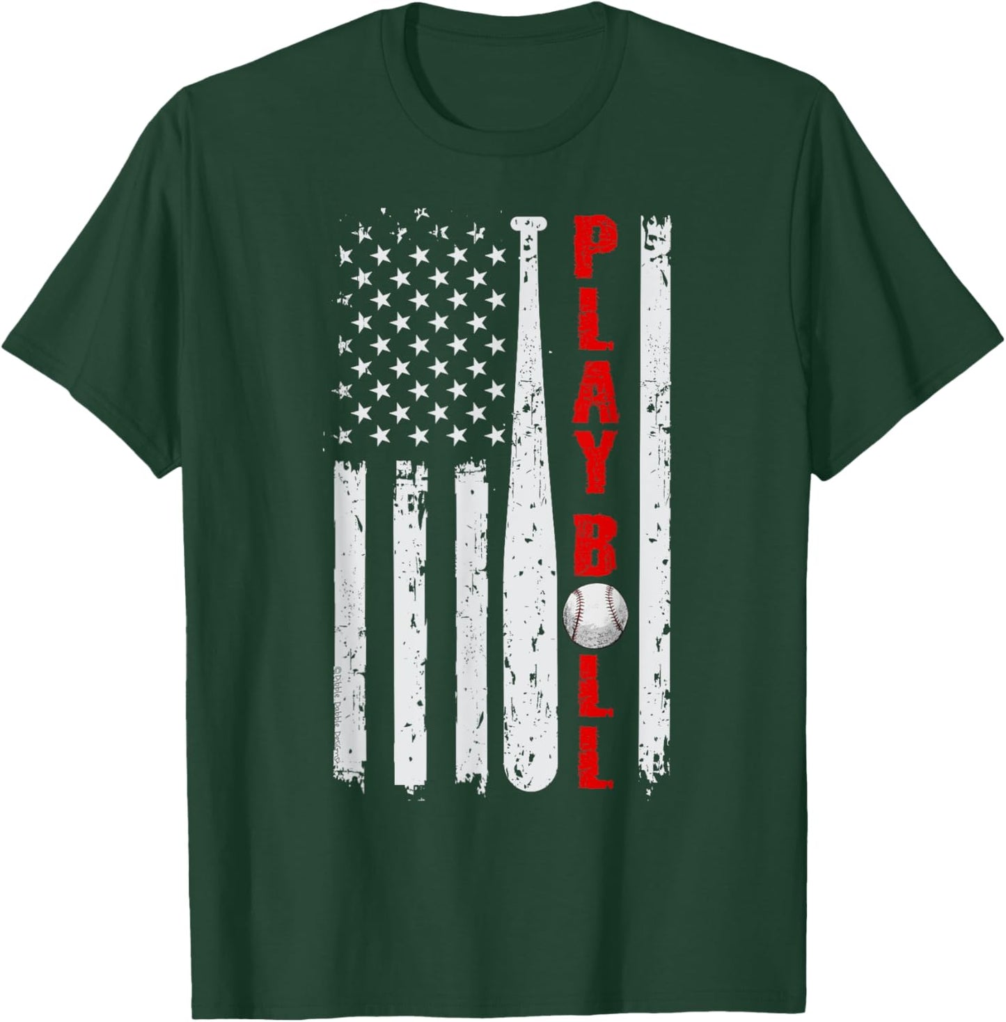 Baseball USA Flag Ball and Bat PLAY BALL Softball Baseball Women Girls Kids Men T-Shirt - T-Shirt | Forest