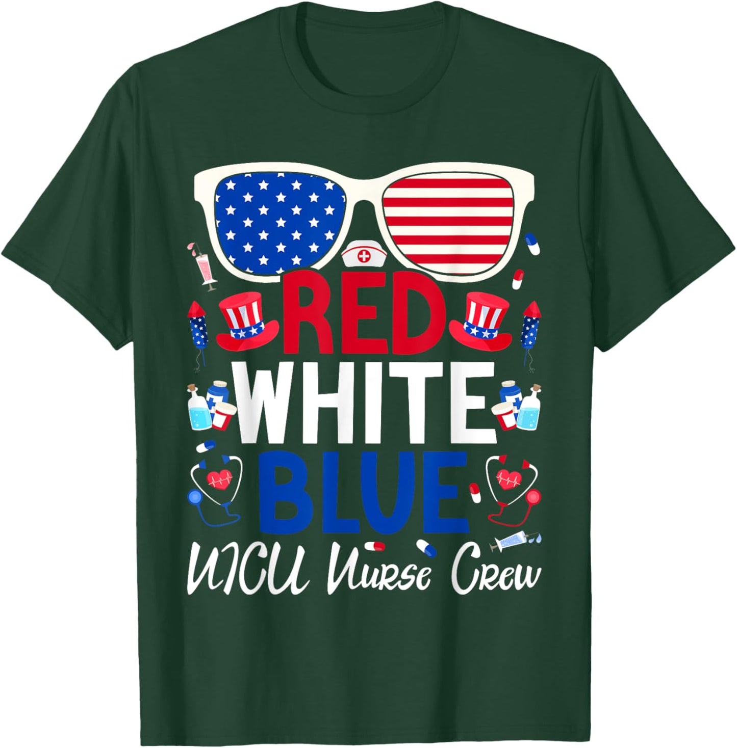 Nurses 4th of July Red White Blue NICU Nurse Crew Patriotic Men T-Shirt - T-Shirt | Forest