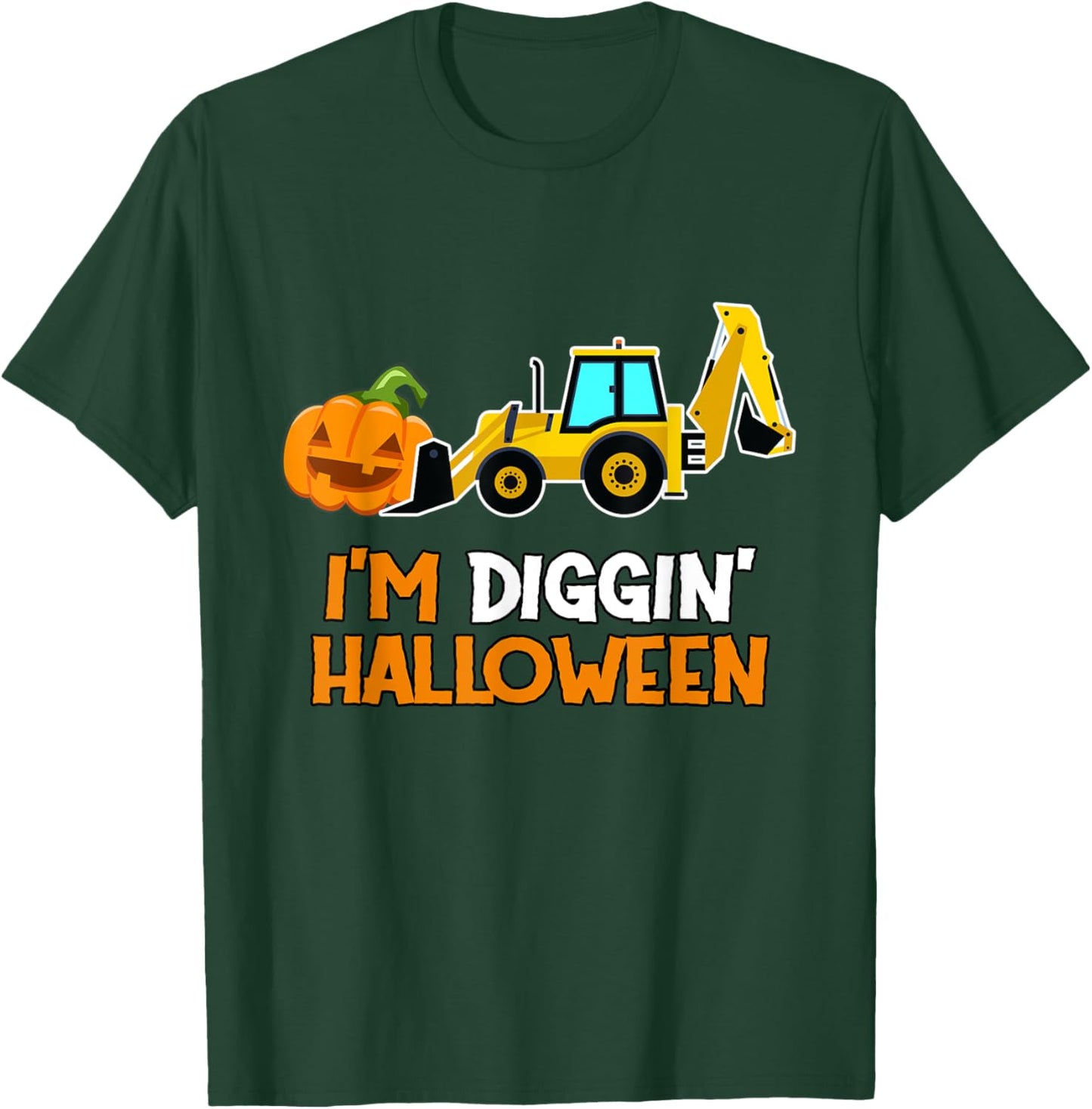 Kids Boys Backhoe Diggin Halloween Toddler Pumpkin Tractor T-Shirt - T-Shirt | Forest