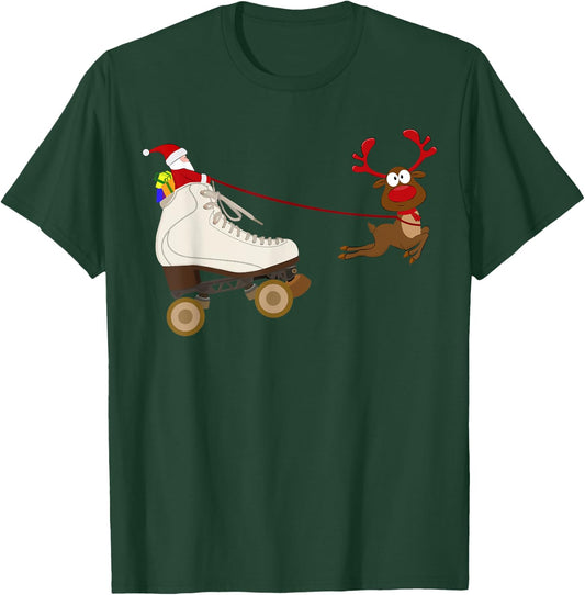 Santa In A Christmas Roller Skate Sleigh Skating Festive T-Shirt - T-Shirt | Forest