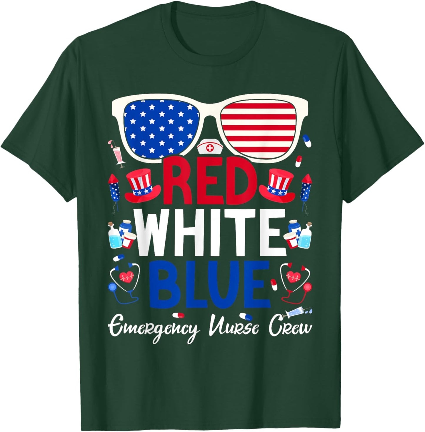 Nurse July 4th Red White Blue Emergency Nurse Crew Patriotic Men T-Shirt - T-Shirt | Forest