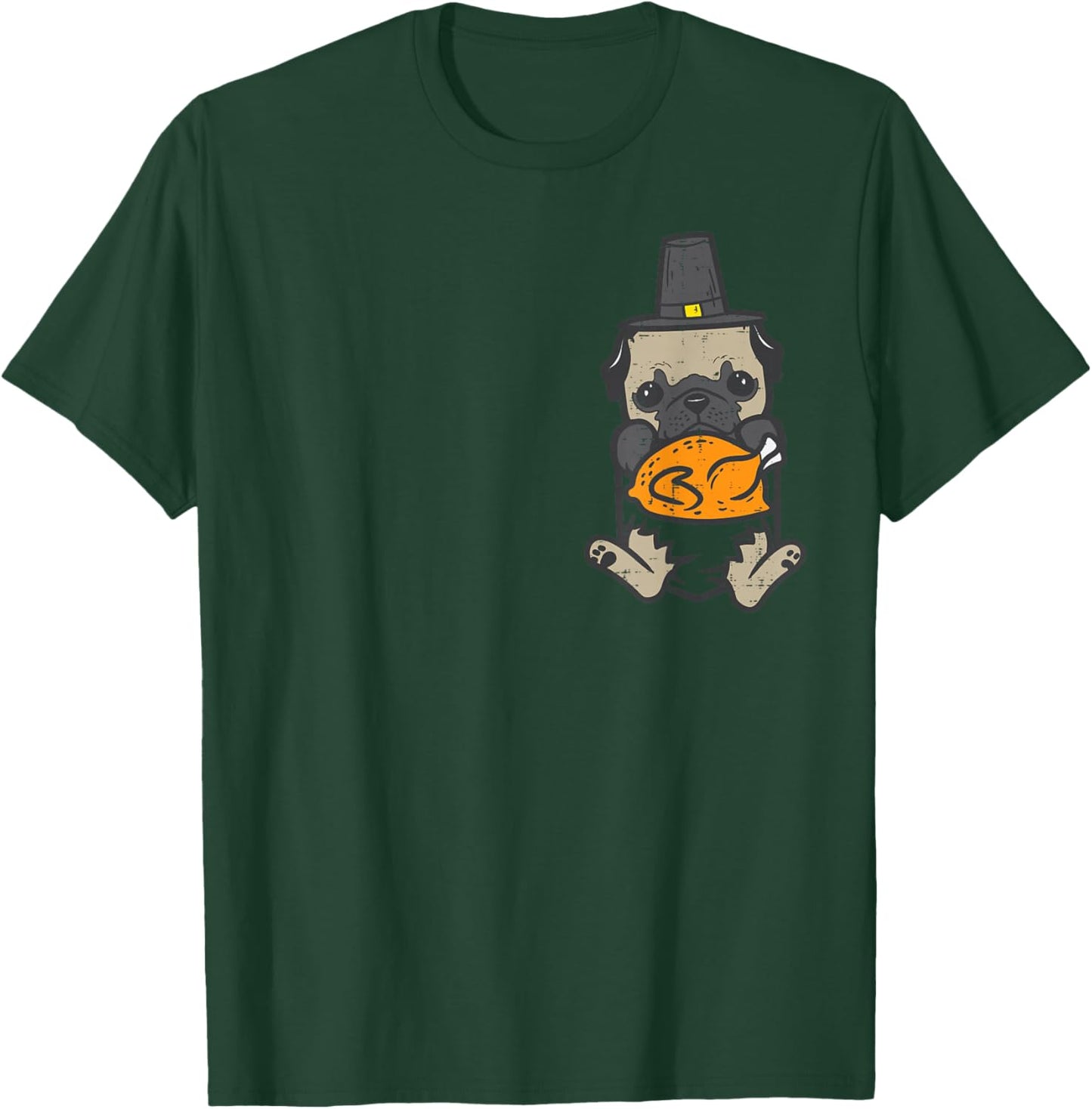 Pocket Pilgrim Pug Turkey Thanksgiving Dog Men Women Kids T-Shirt - T-Shirt | Forest