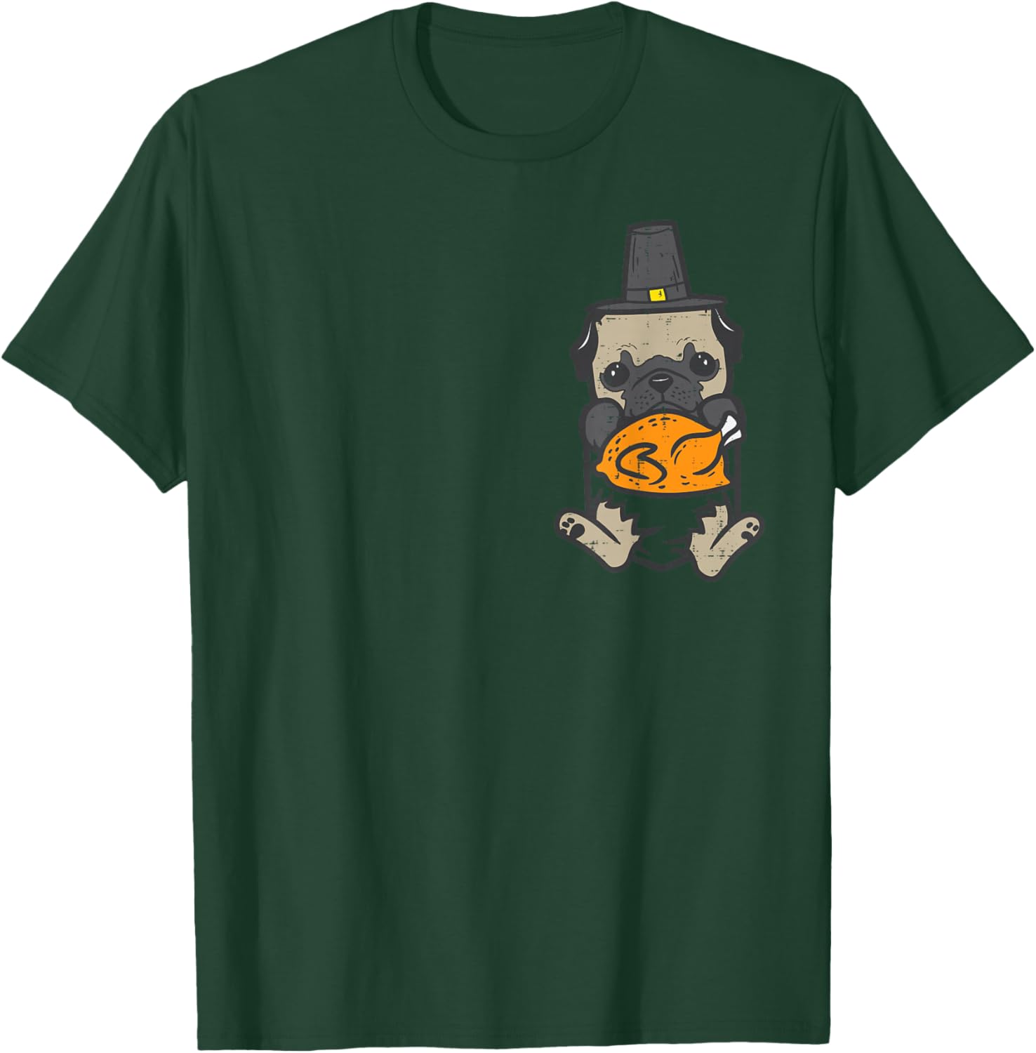 Pocket Pilgrim Pug Turkey Thanksgiving Dog Men Women Kids T-Shirt - T-Shirt | Forest