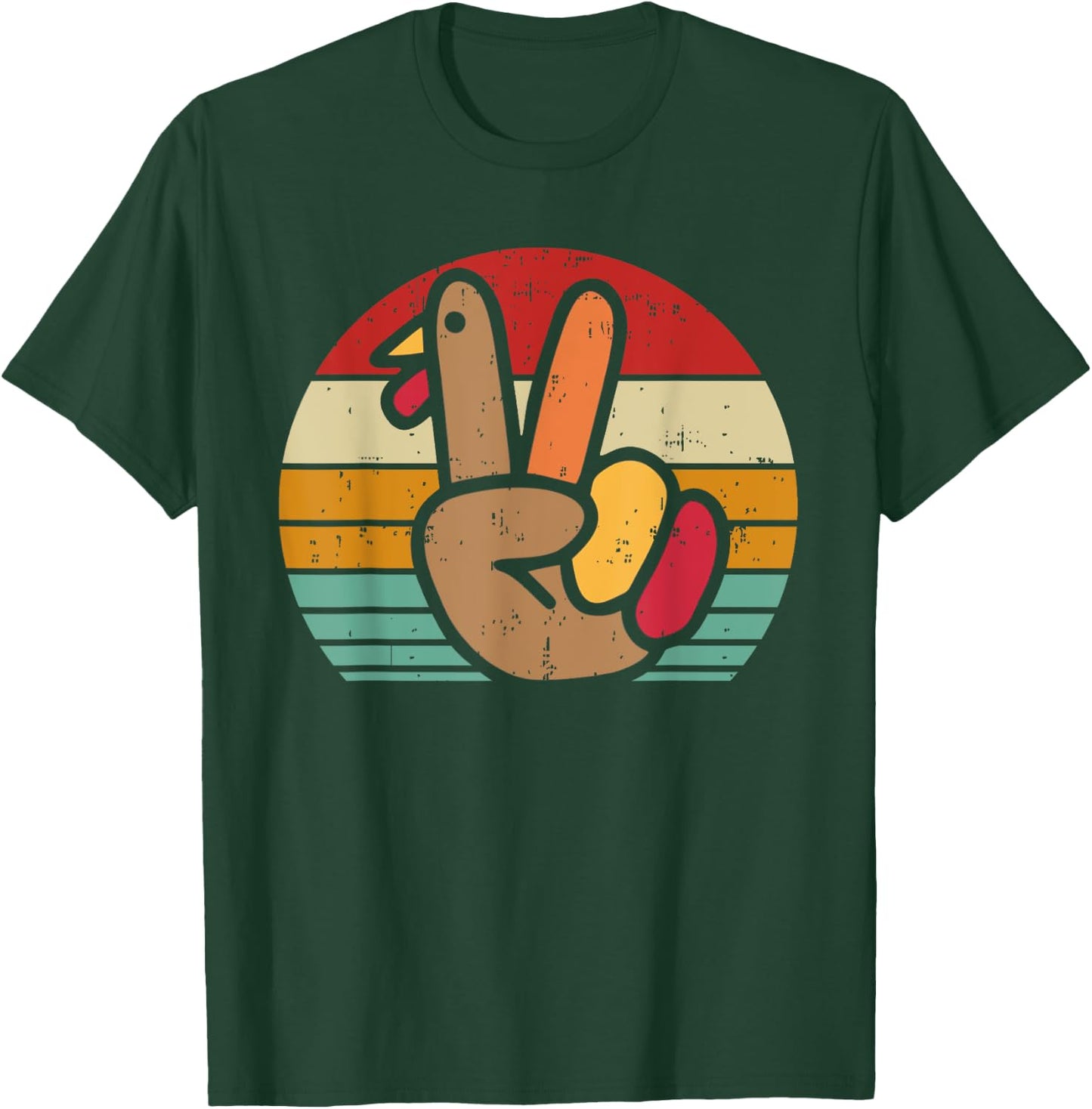 Peace Sign Turkey Hand Thanksgiving Retro Vintage Men Women T-Shirt - T-Shirt | Forest