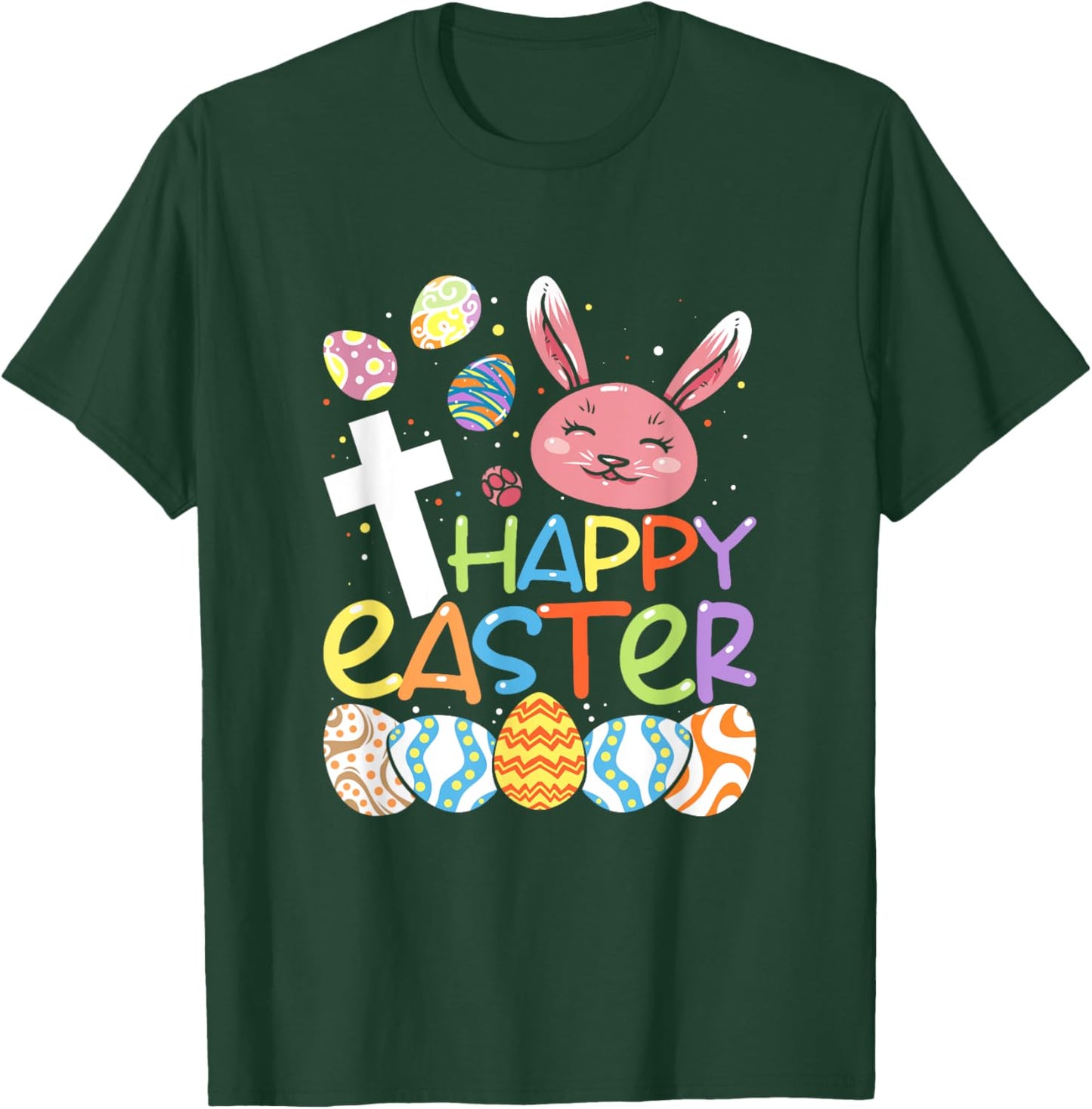 Religious Happy Easter Bunny Rabbit Eggs Jesus Cross Kids T-Shirt - T-Shirt | Forest
