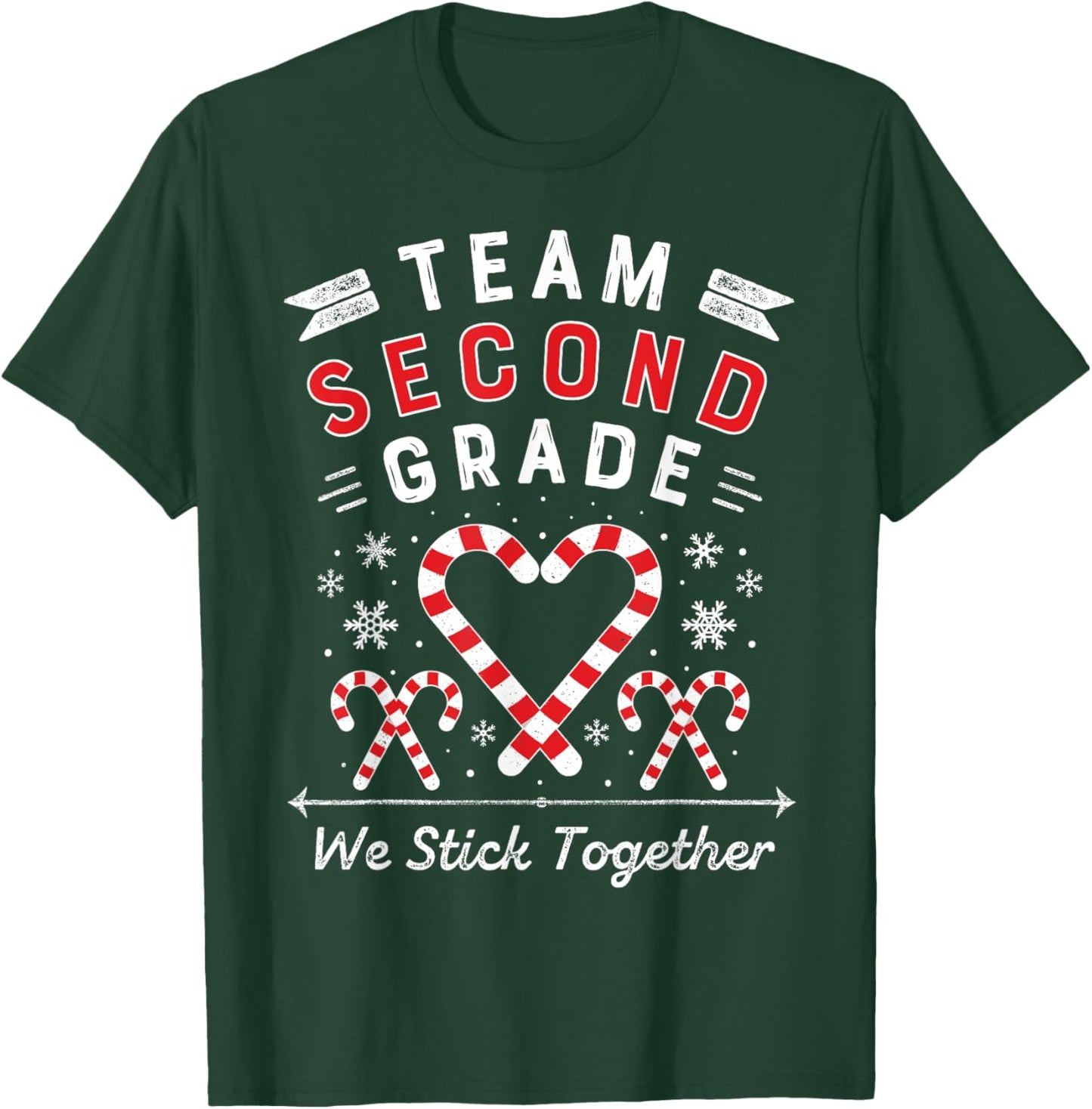Team Second Grade Christmas Candy Cane Heart | Xmas Teacher Men Women Kids T-Shirt - T-Shirt | Forest