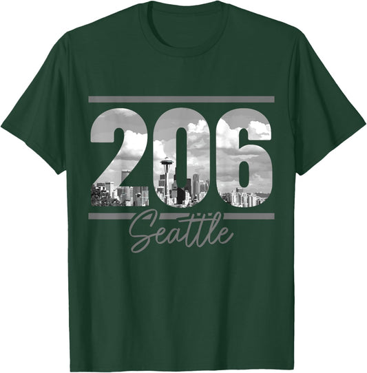 Seattle 206 Area Code Vintage Skyline Washington T-Shirt - T-Shirt | Forest