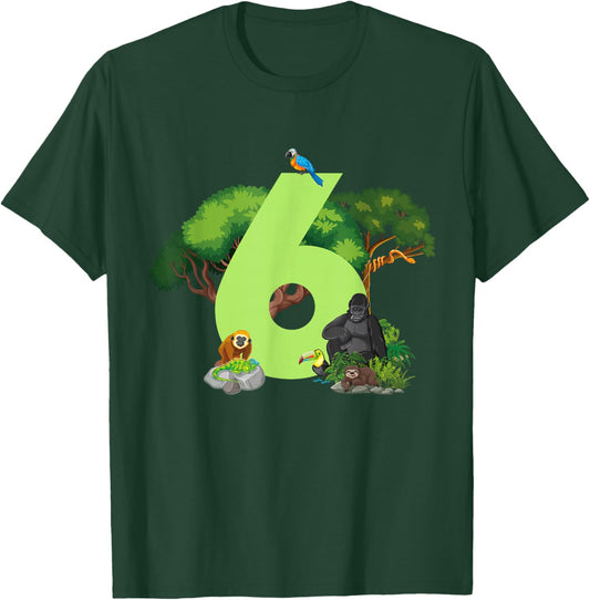 6th Birthday Jungle Animals Safari Rainforest 6 Year Old T-Shirt - T-Shirt | Forest