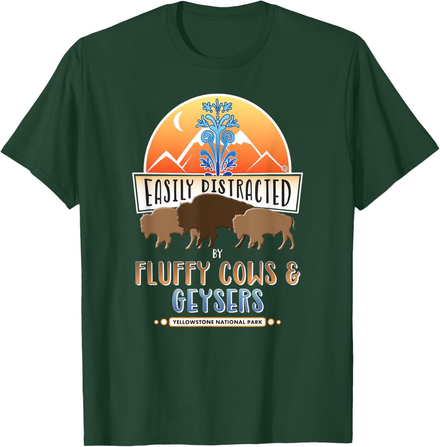 Yellowstone Fluffy Cow Bison & Old Faithful Geyser T-Shirt - T-Shirt | Forest