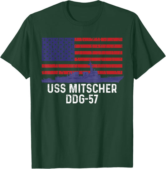 American Flag USS Mitscher DDG-57 Destroyer T-Shirt - T-Shirt | Forest