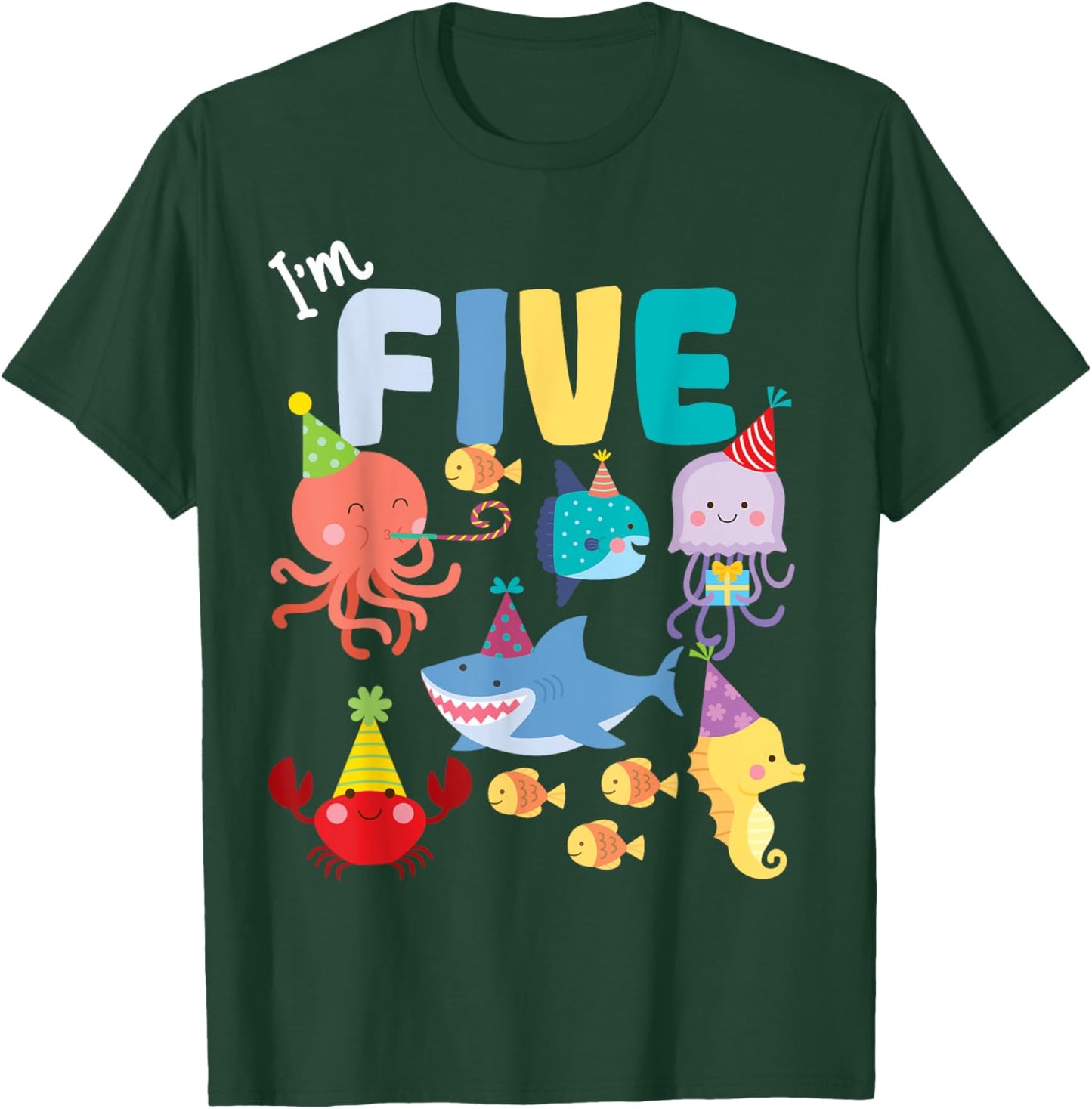 Cute Sea Animals Ocean Creatures Party 5th Birthday I'm Five T-Shirt - T-Shirt | Forest