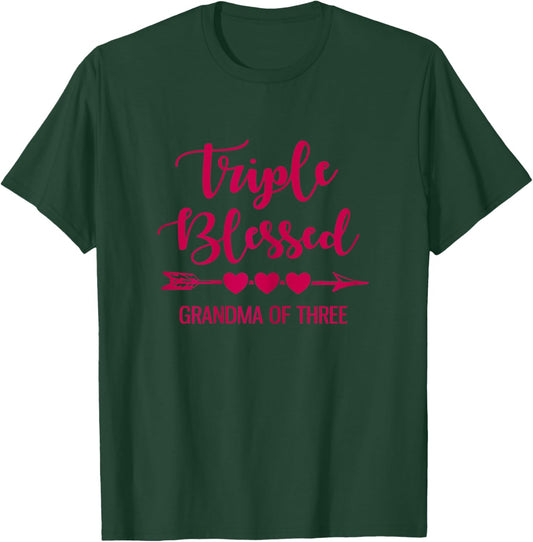 Triple Blessed Grandma Of Three Grandkids Grandmother T-Shirt - T-Shirt | Forest