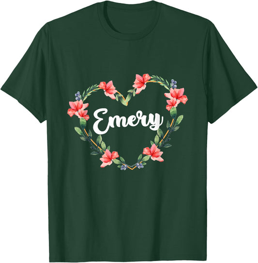 Emery Flower Heart Personalized Name Emery T-Shirt - T-Shirt | Forest