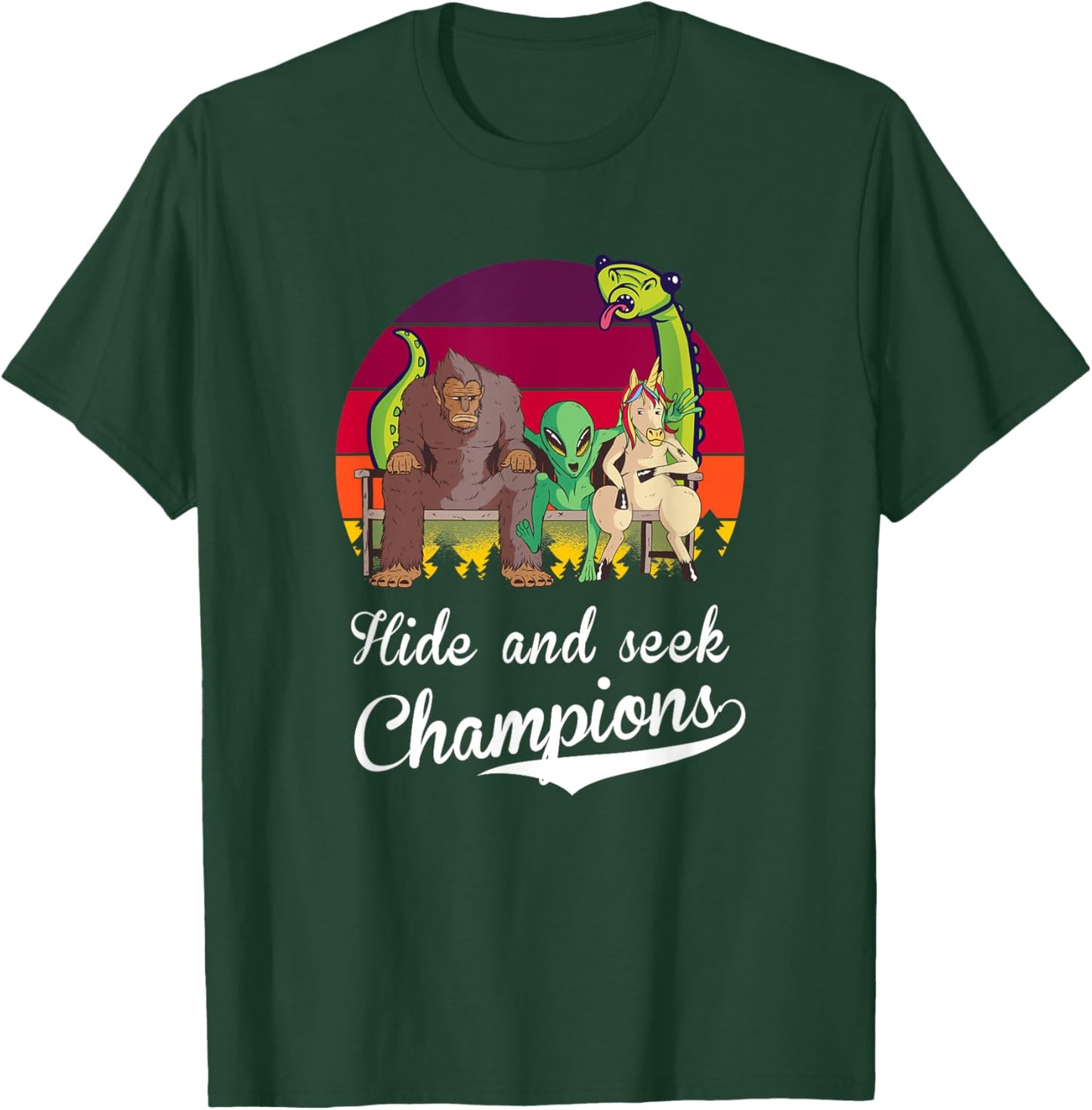 Hide and Seek Champions, Bigfoot, Alien, Unicorn, Loch Ness T-Shirt - T-Shirt | Forest