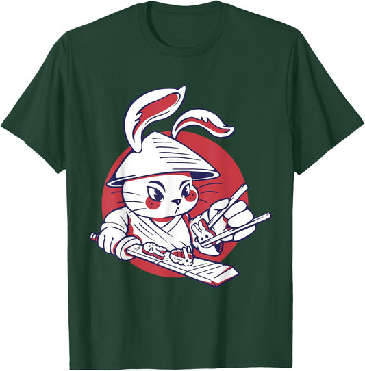 Kawaii Samurai Rabbit Chef Making Cute Bunny Sushi Food T-Shirt - T-Shirt | Forest