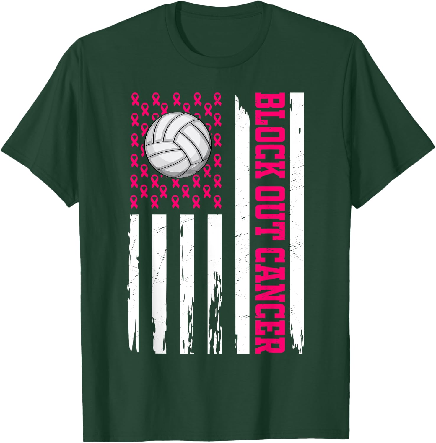 Volleyball Breast Cancer Awareness Block Out Cancer T-Shirt - T-Shirt | Forest