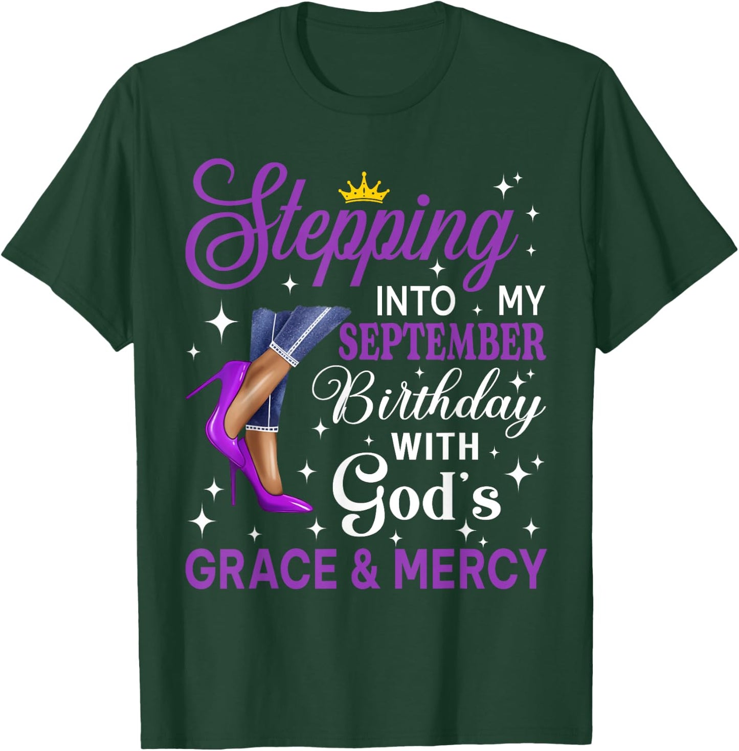 Stepping Into My September Birthday Afro Woman Purple Heels T-Shirt - T-Shirt | Forest