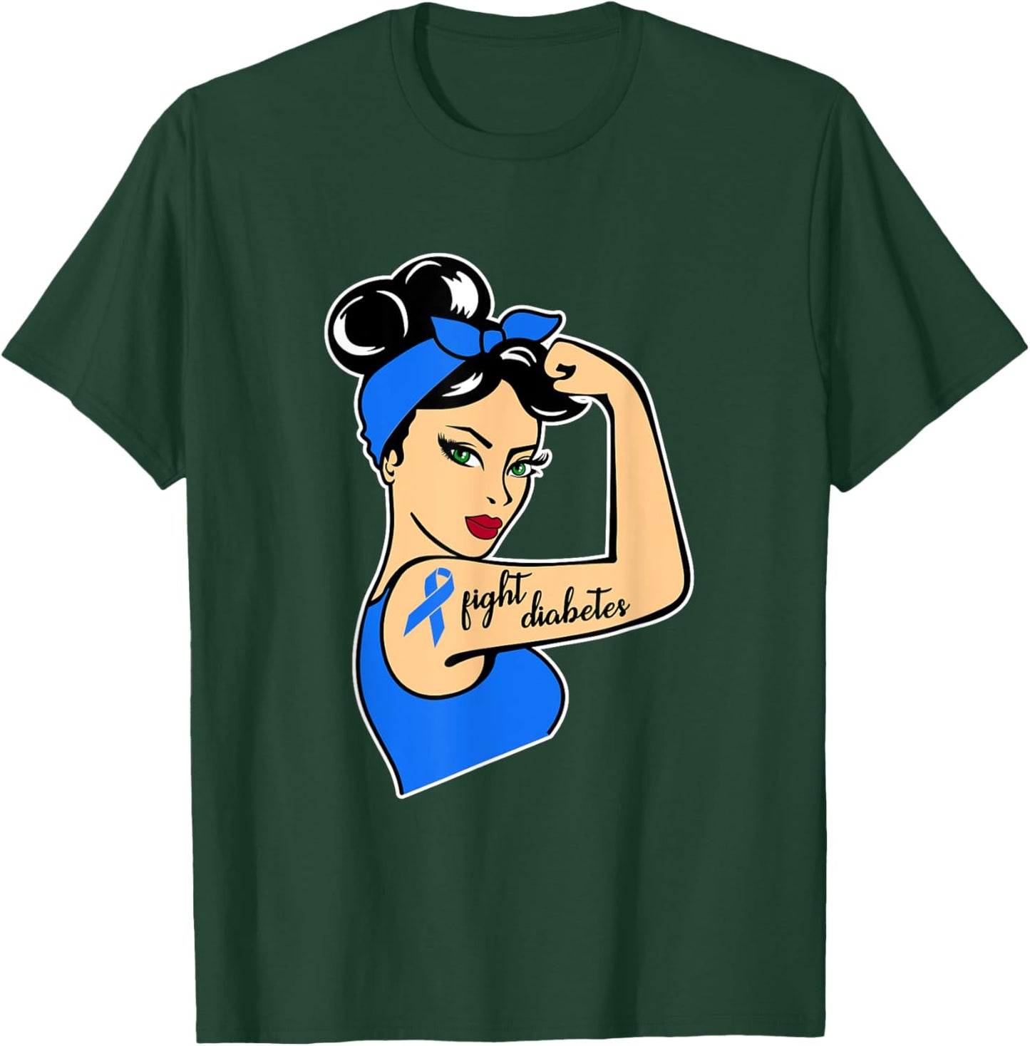 Type One Diabetes Awareness Month Rosie Riveter Blue Ribbon T-Shirt - T-Shirt | Forest