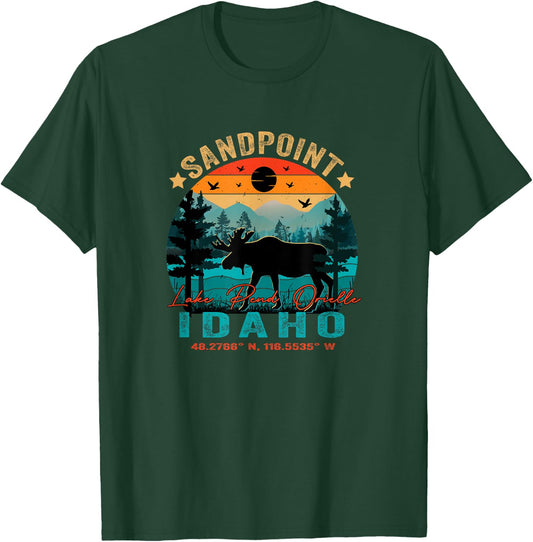 Sandpoint Idaho ID Retro Sunset Vintage Moose Mountains T-Shirt - T-Shirt | Forest