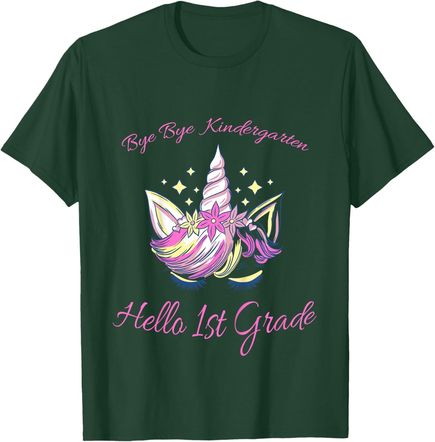 Kids Bye Bye Kindergarten, Hello 1st Grade pink Unicorn T-Shirt - T-Shirt | Forest