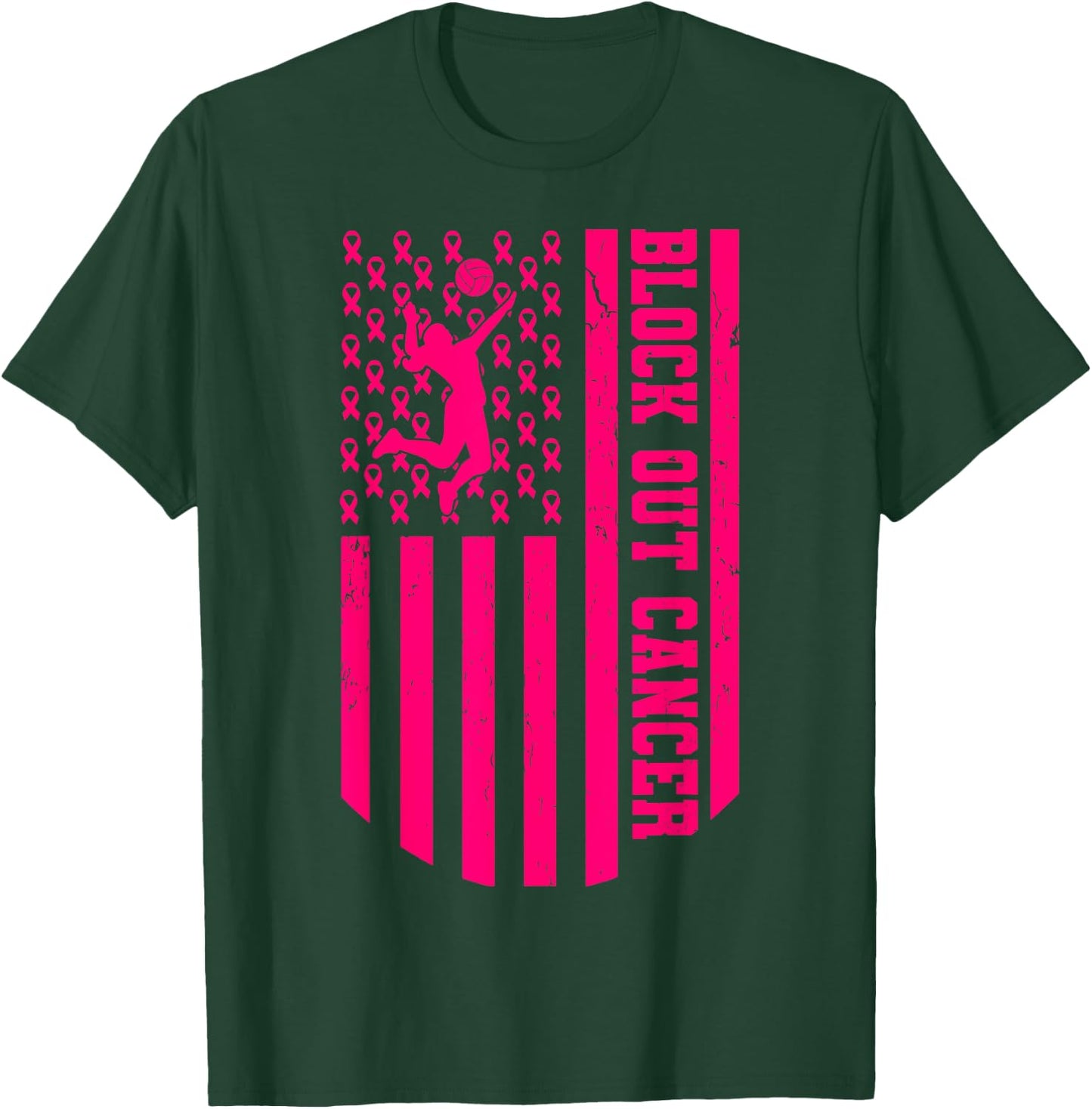 Volleyball Breast Cancer Awareness Block Out Cancer T-Shirt - T-Shirt | Forest