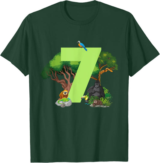 7th Birthday Jungle Animals Safari Rainforest 7 Year Old T-Shirt - T-Shirt | Forest