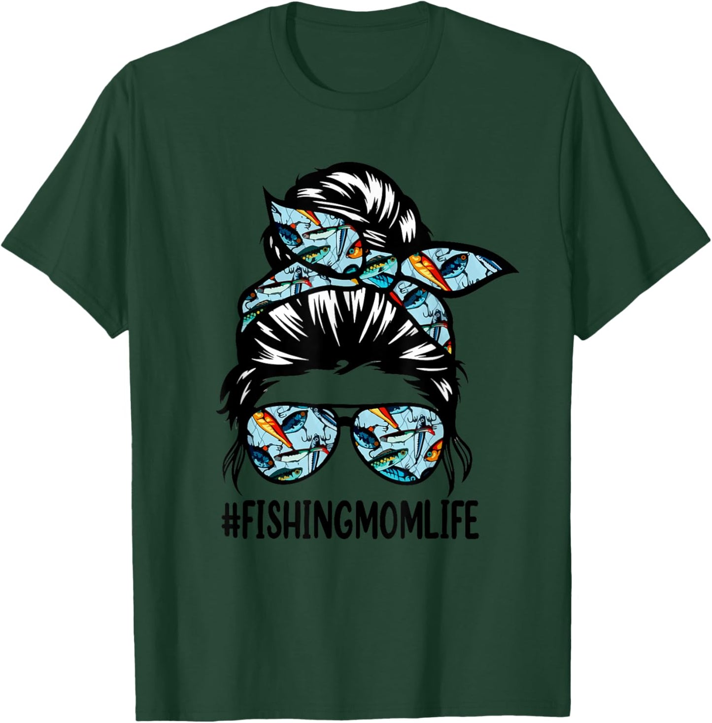 Fishing mom life Messy Bun Mom Funny Fishing Mom T-Shirt - T-Shirt | Forest