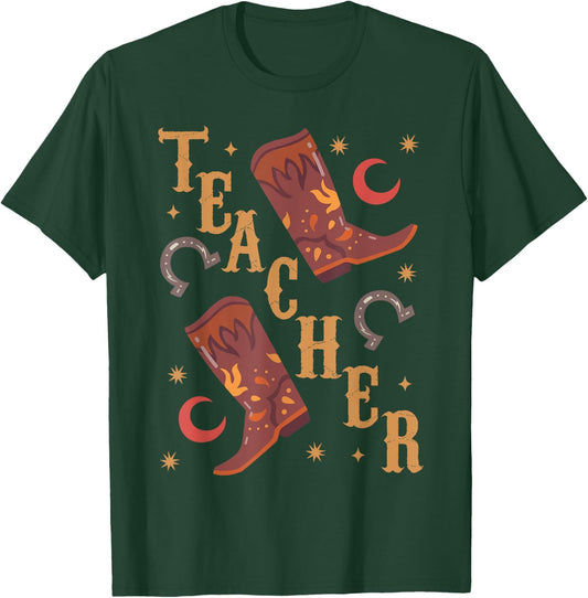 Teacher Cute Boho Cowgirl Boots Wild West Cowboy Rodeo T-Shirt - T-Shirt | Forest