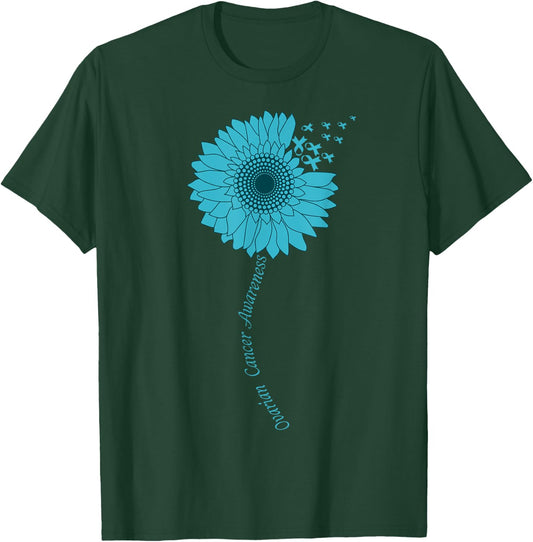 Ovarian Cancer Awareness Sunflower Teal Ribbon T-Shirt - T-Shirt | Forest