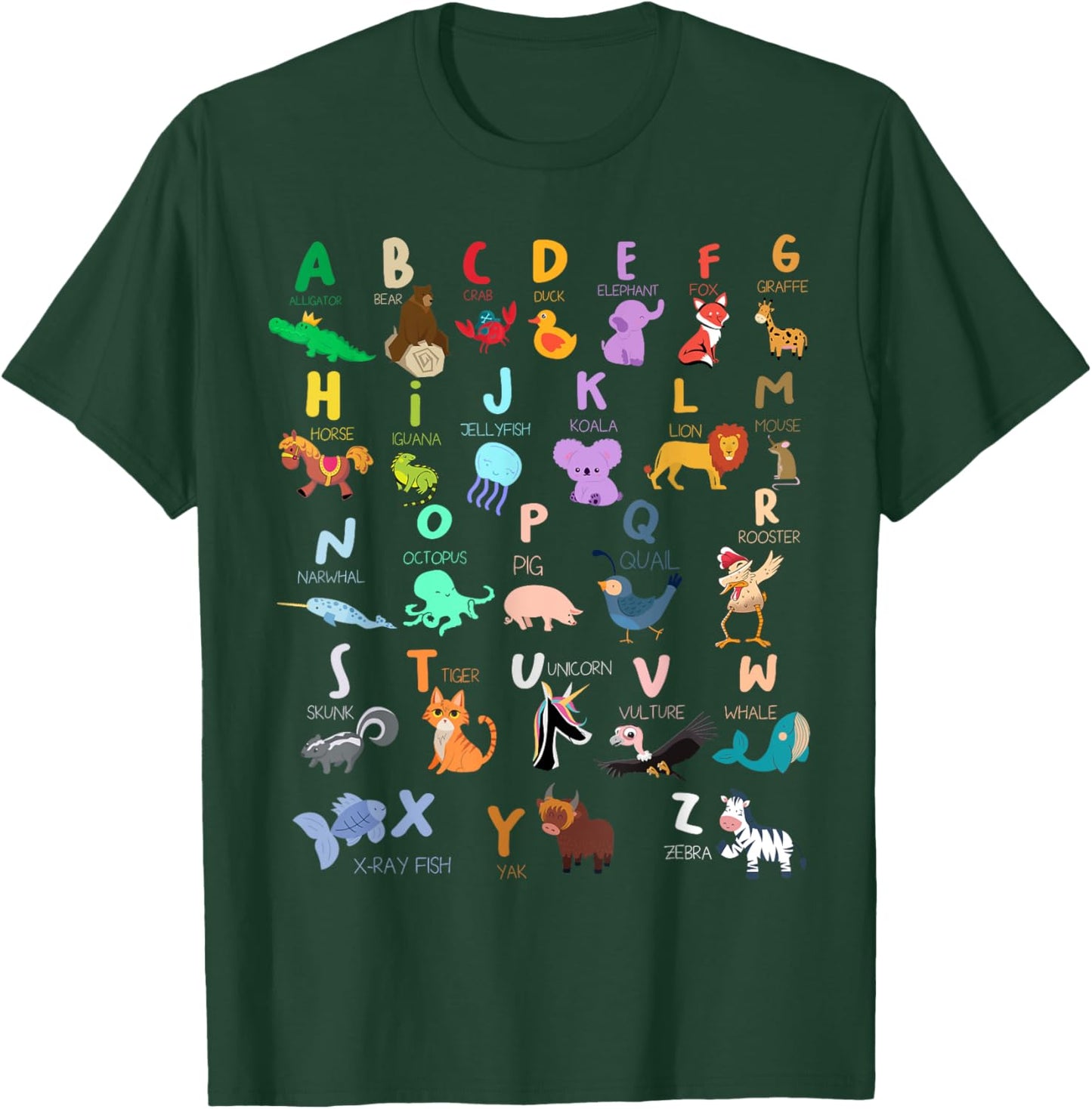 Alphabet Animal ABC Alligator Bear Crab Duck Elephant Fox T-Shirt - T-Shirt | Forest