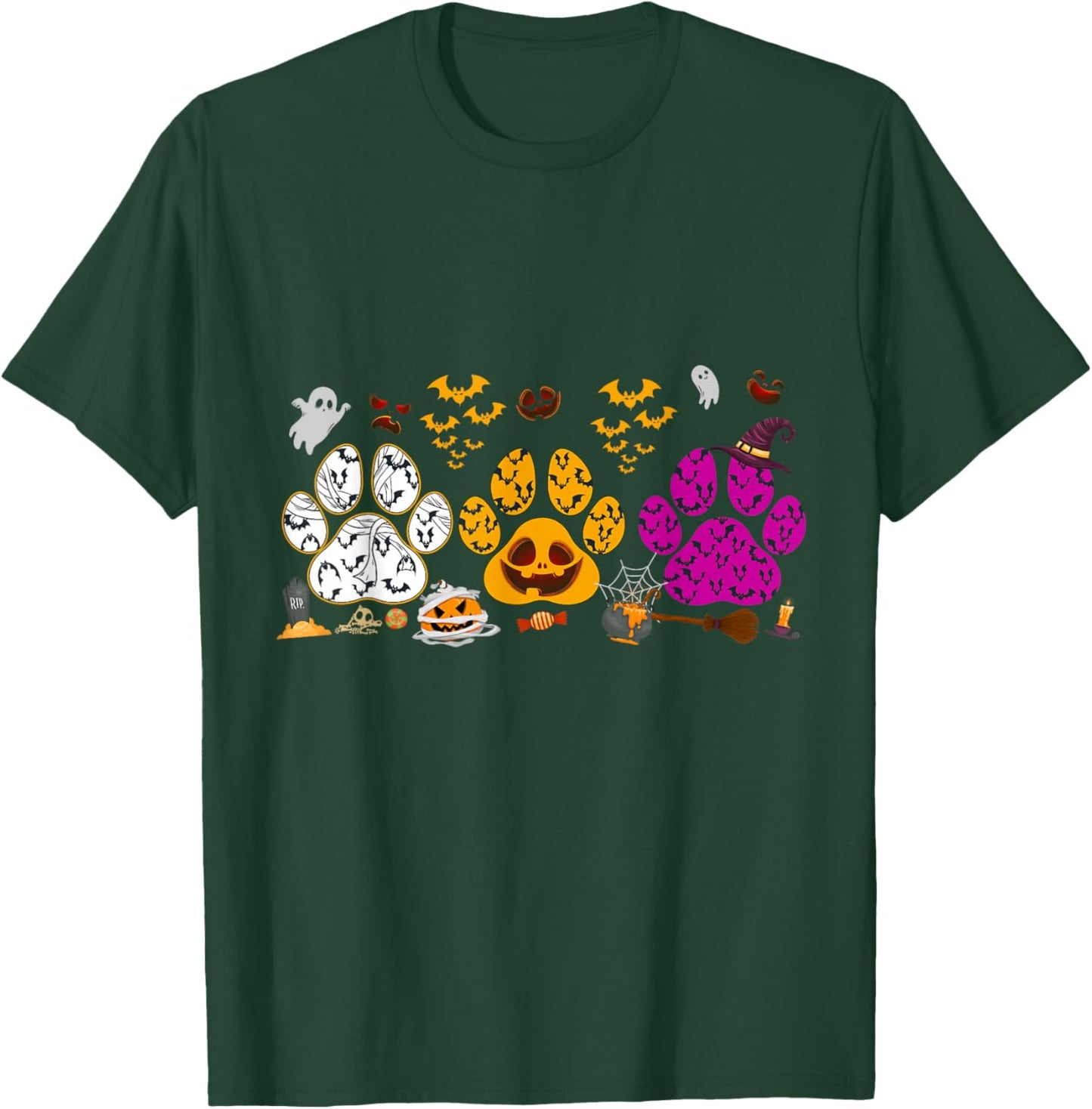 Funny Paw Print Halloween Dog Candy Pumpkin Ghost Dog Lovers T-Shirt - T-Shirt | Forest